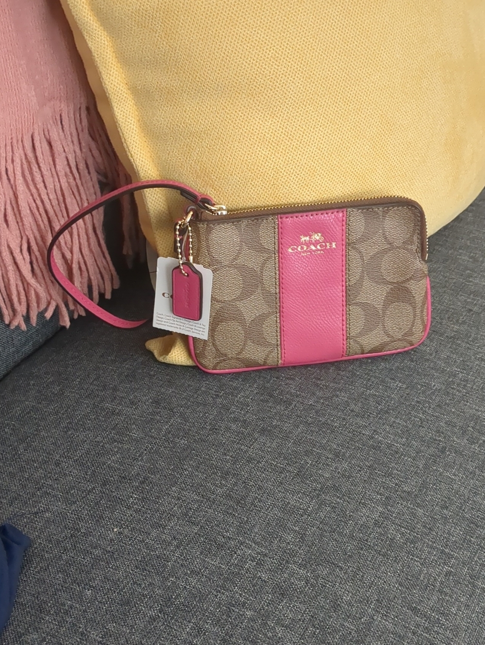 NWT COACH Brown Signature Canvas Wristlet with Pink Leather Panel
